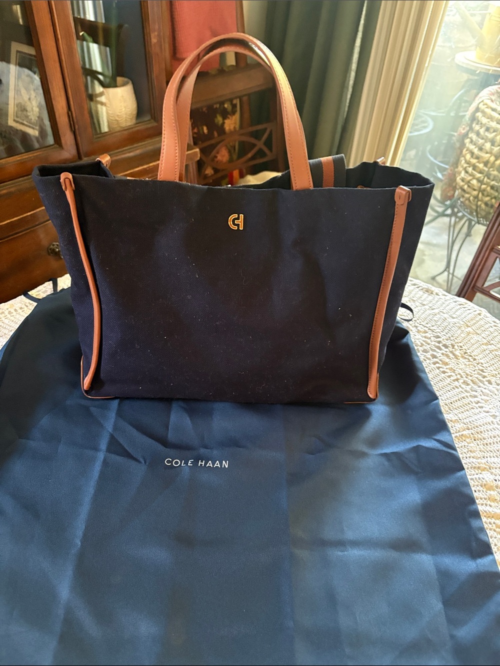 Canvas Tote Bag with Leather Trim - Navy and Tan